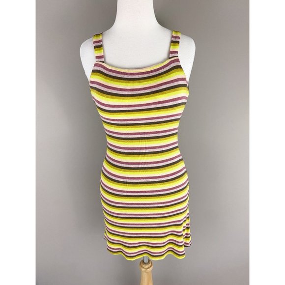 RVCA Nobodys Babe Dress Yellow Multi Stripe Sleeveless Ribbed Casual XS - Picture 1 of 4
